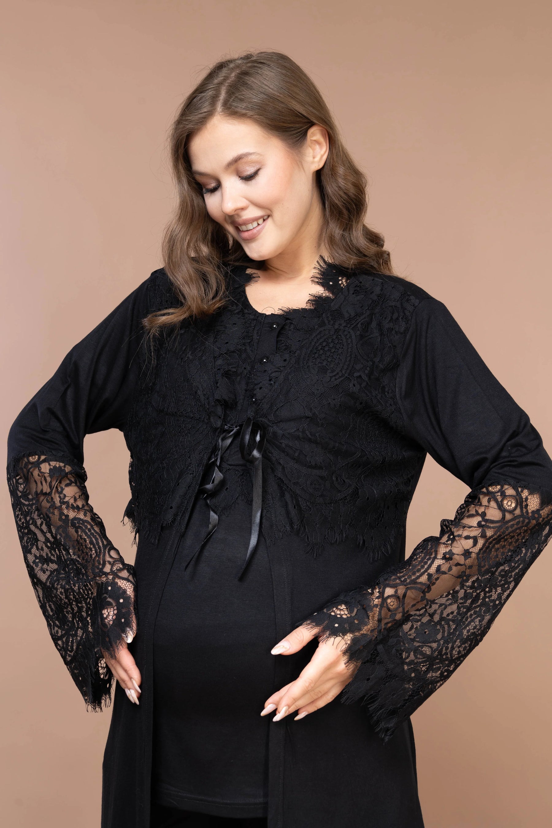 Lace Sleeve 3-Piece Maternity-Nursing Pajama & Robe Set Black - 2365