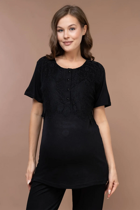 Lace Sleeve 3-Piece Maternity-Nursing Pajama & Robe Set Black - 2365