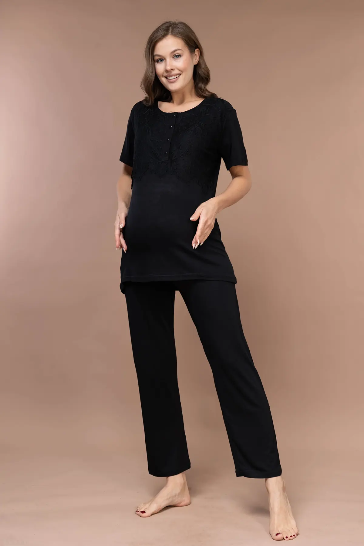 Lace Sleeve 3-Piece Maternity-Nursing Pajama & Robe Set Black - 2365