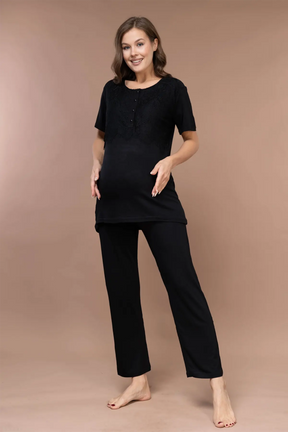 Lace Sleeve 3-Piece Maternity-Nursing Pajama & Robe Set Black - 2365