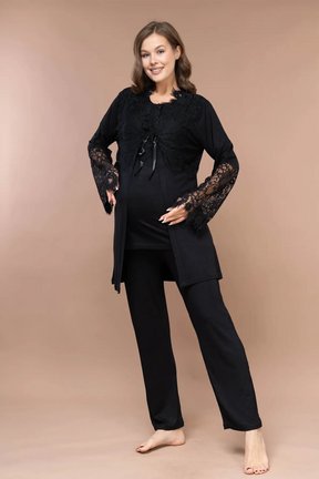 Lace Sleeve 3-Piece Maternity-Nursing Pajama & Robe Set Black - 2365