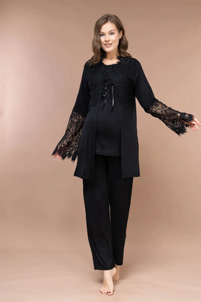 Lace Sleeve 3-Piece Maternity-Nursing Pajama & Robe Set Black - 2365