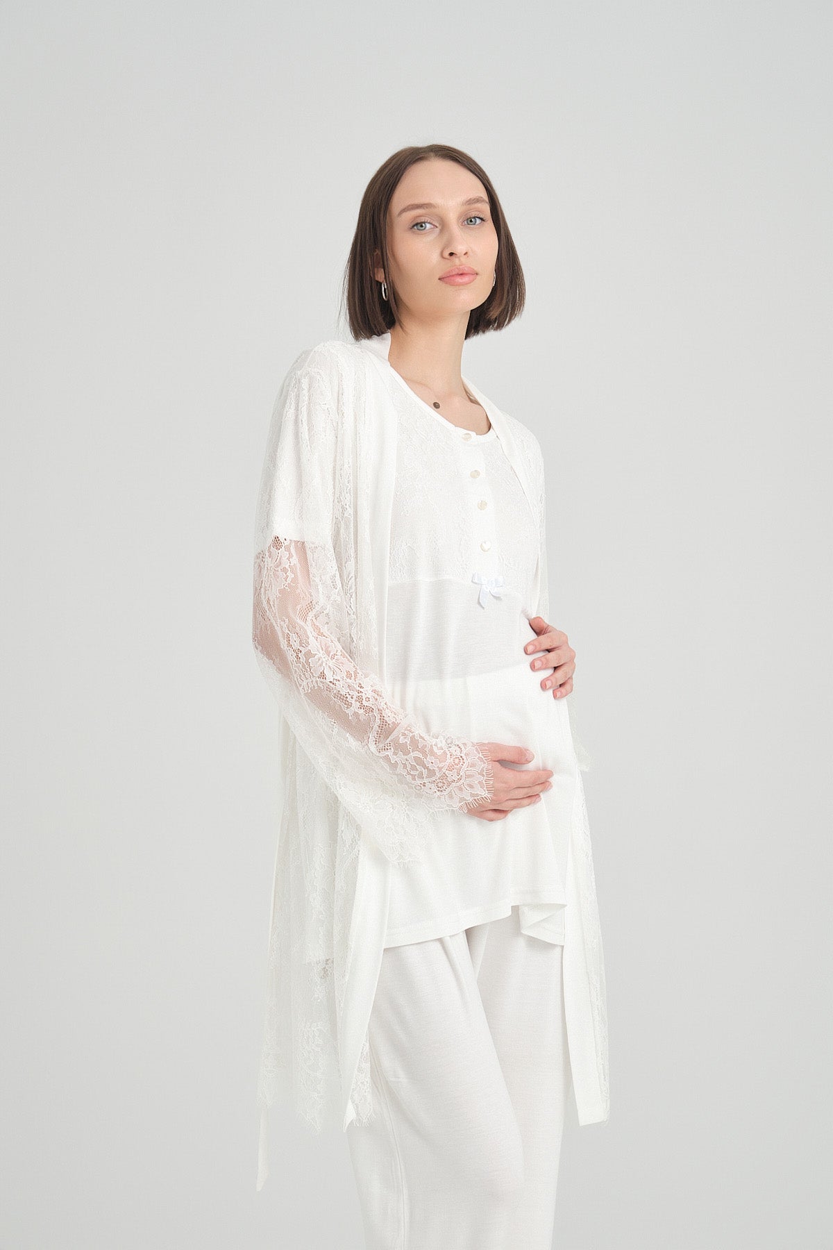 Lace Detailed 3-Pieces Maternity & Nursing Pajamas With Robe Ecru - 2366