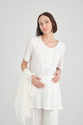 Lace Detailed 3-Pieces Maternity & Nursing Pajamas With Robe Ecru - 2366