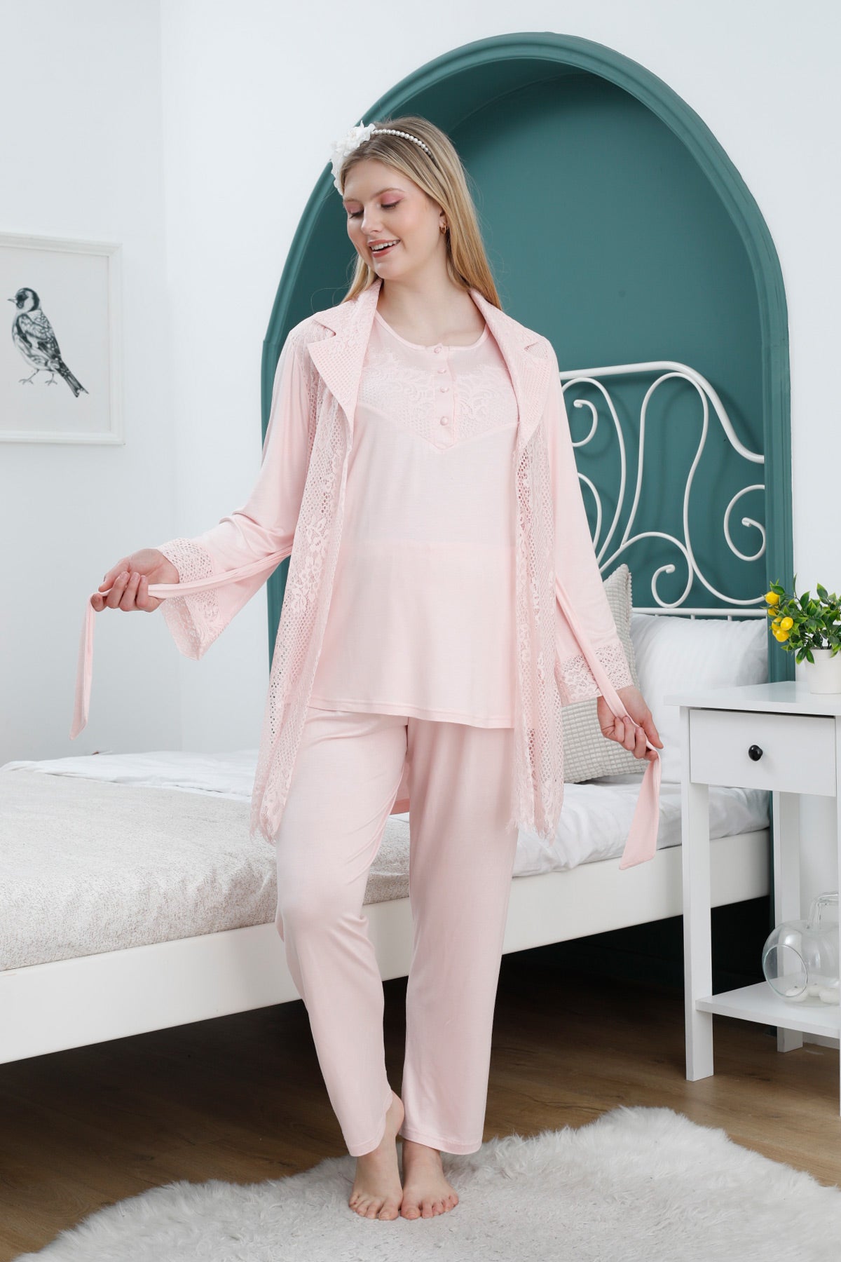 Lace Detailed 3-Pieces Maternity & Nursing Pajamas With Robe Pink - 2367