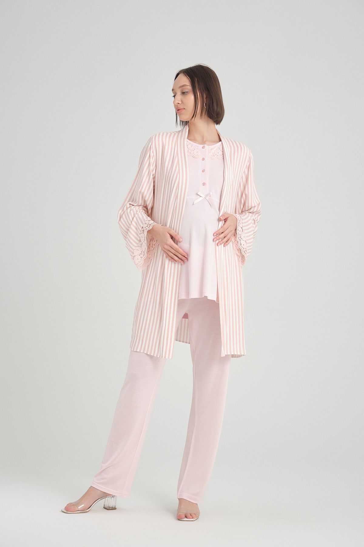 Lace Collar 3-Pieces Maternity & Nursing Pajamas With Stripe Robe Pink - 2369