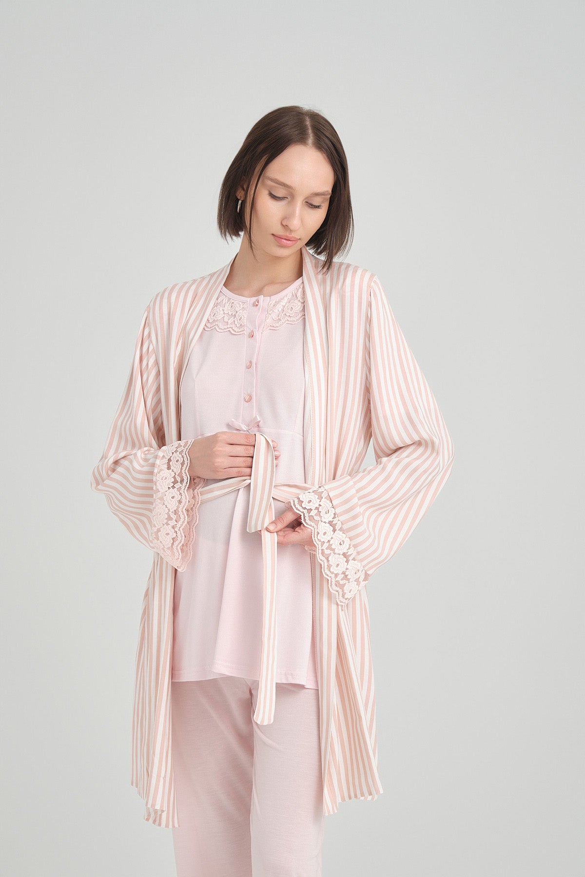 Lace Collar 3-Pieces Maternity & Nursing Pajamas With Stripe Robe Pink - 2369