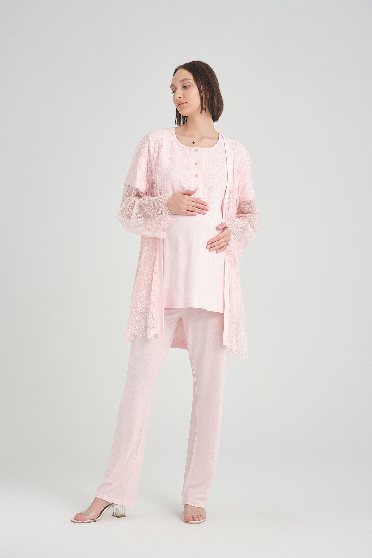 Lace Detailed 3-Pieces Maternity & Nursing Pajamas With Robe Pink - 2370