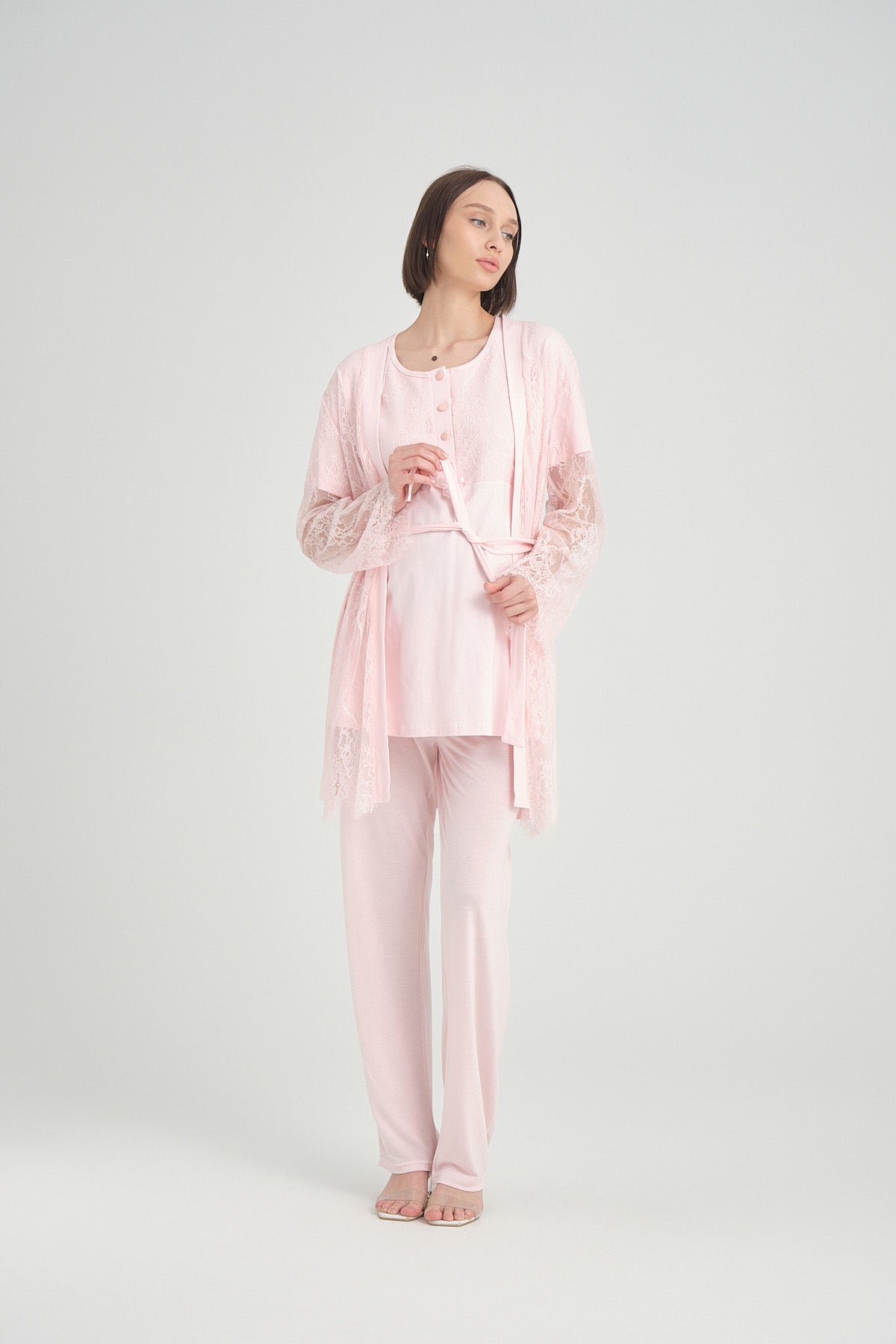 Lace Detailed 3-Pieces Maternity & Nursing Pajamas With Robe Pink - 2370
