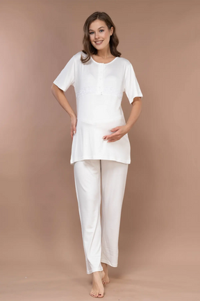 Embroidered 3-Piece Maternity-Nursing Pajama & Robe Set Ecru - 2372