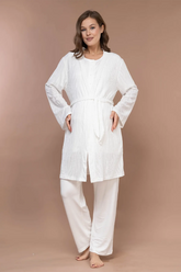 Embroidered 3-Piece Maternity-Nursing Pajama & Robe Set Ecru - 2372