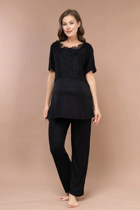 Lace Embroidered 3-Piece Maternity-Nursing Pajama & Robe Set Black - 2383