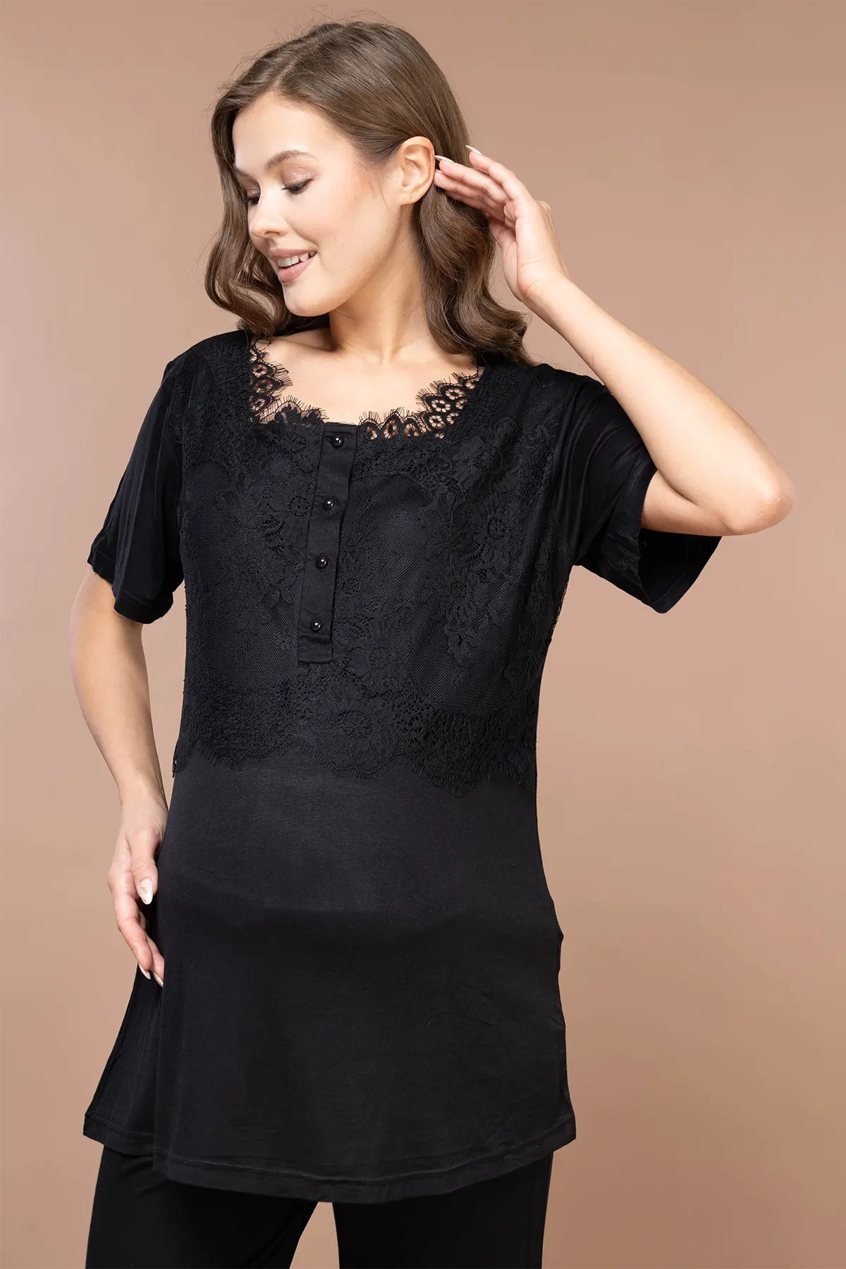 Lace Embroidered 3-Piece Maternity-Nursing Pajama & Robe Set Black - 2383