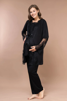 Lace Embroidered 3-Piece Maternity-Nursing Pajama & Robe Set Black - 2383