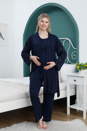 Lace 3-Pieces Maternity & Nursing Pajamas With Knitwear Robe Navy Blue - 2384