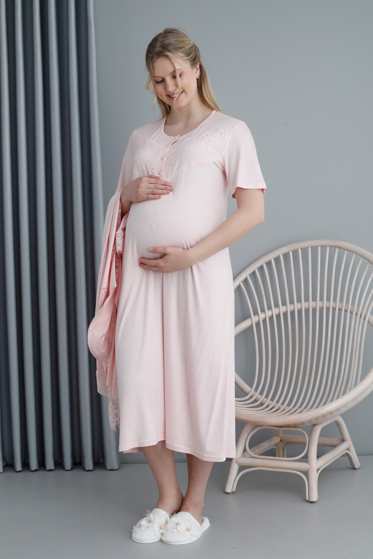 Lace Embroidered Maternity & Nursing Nightgown With Robe Pink - 2387