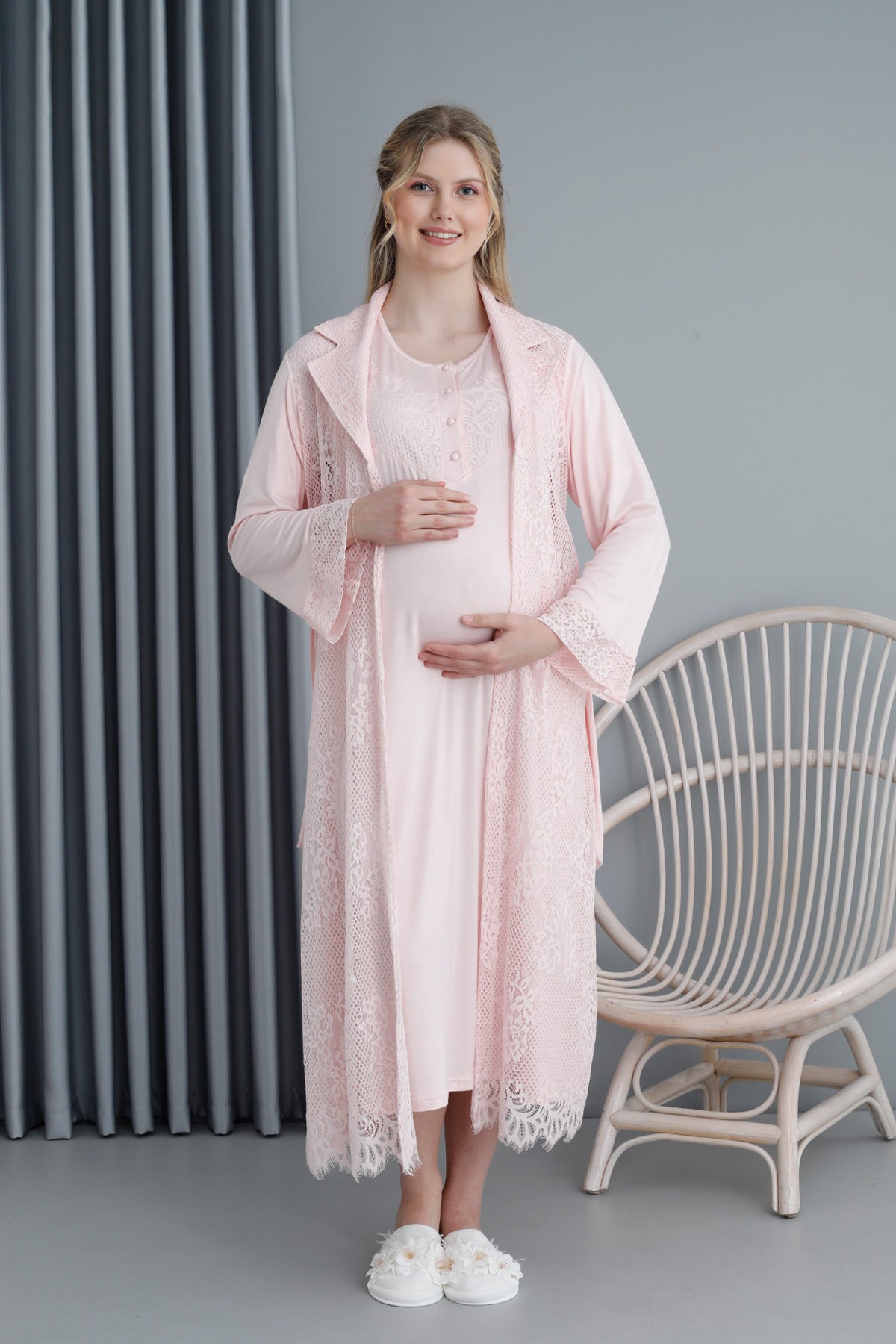 Lace Embroidered Maternity & Nursing Nightgown With Robe Pink - 2387