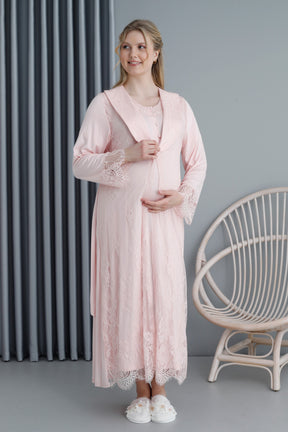 Lace Embroidered Maternity & Nursing Nightgown With Robe Pink - 2392