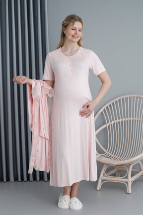 Lace Embroidered Maternity & Nursing Nightgown With Robe Pink - 2392