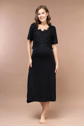 Lace Embroidered Maternity-Nursing Nightgown & Robe Set Black - 2395