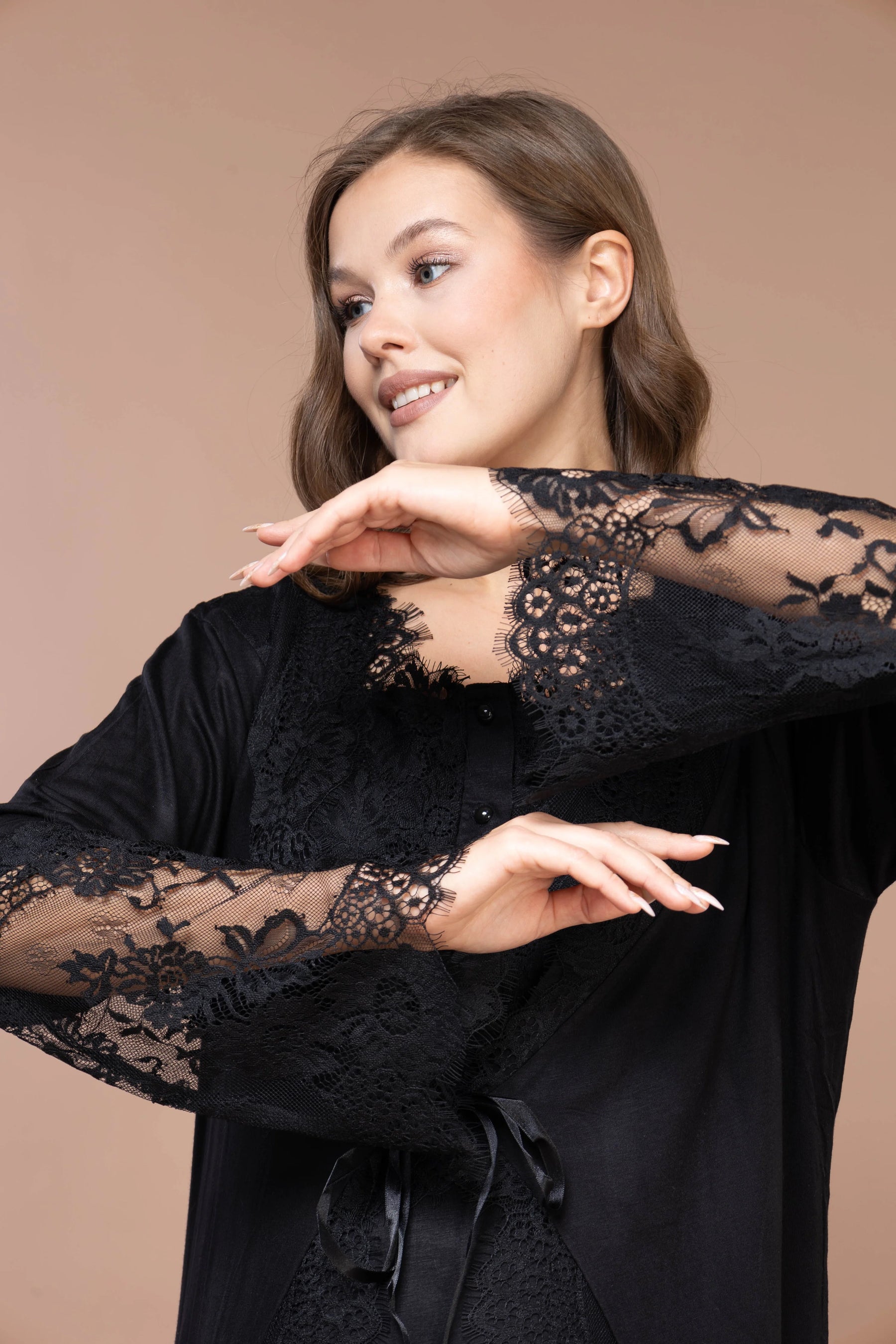 Lace Embroidered Maternity-Nursing Nightgown & Robe Set Black - 2395