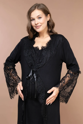 Lace Embroidered Maternity-Nursing Nightgown & Robe Set Black - 2395