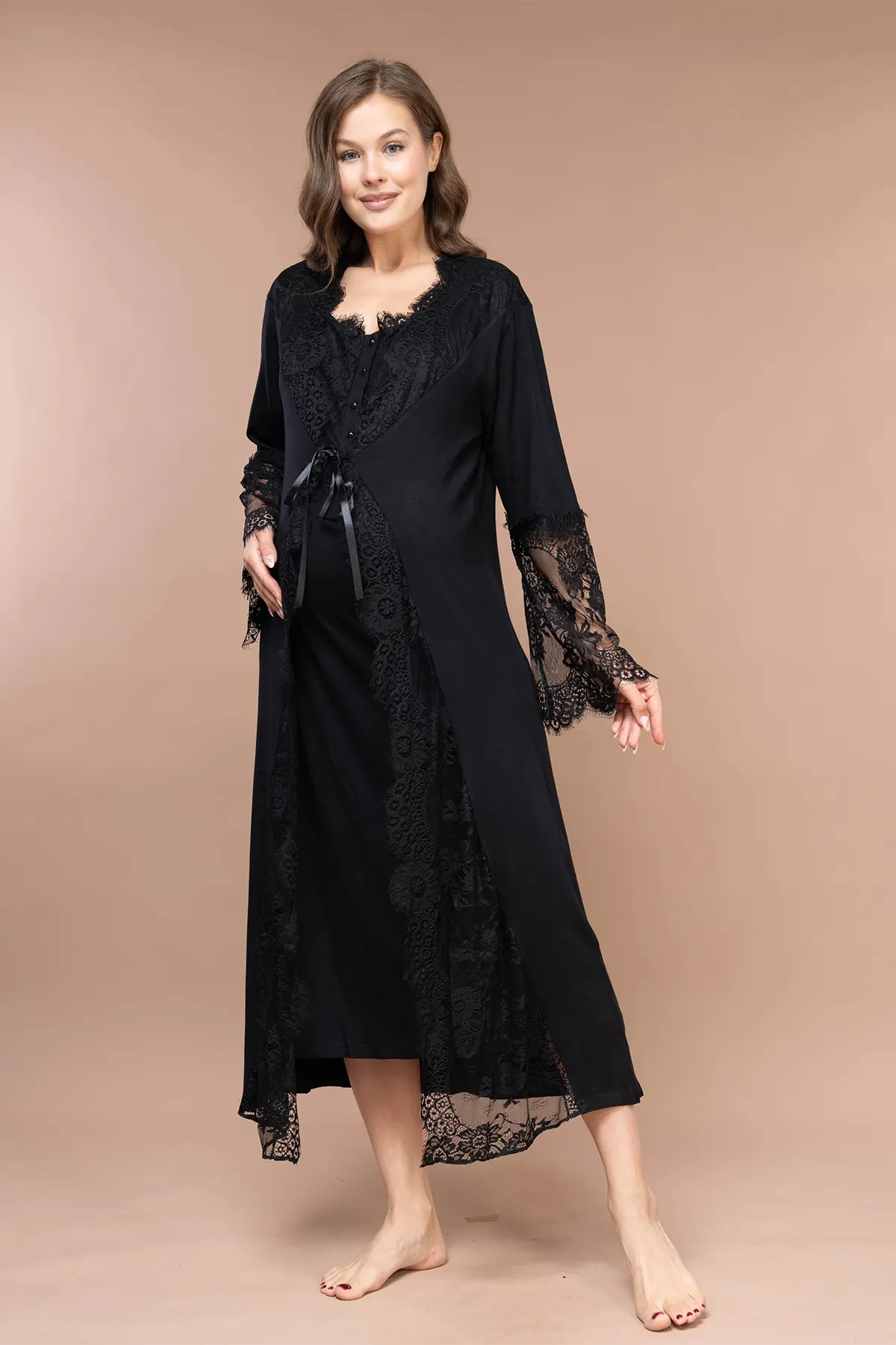 Lace Embroidered Maternity-Nursing Nightgown & Robe Set Black - 2395