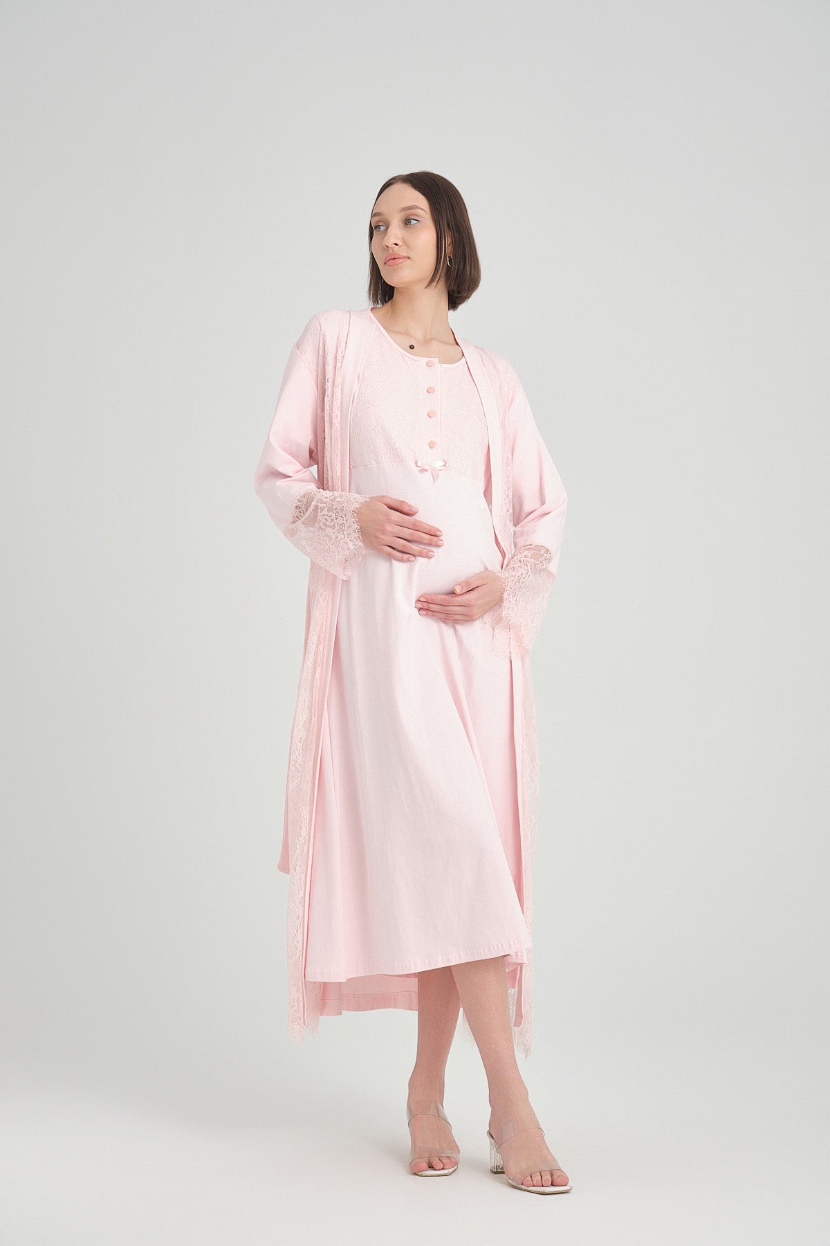Lace Detailed Maternity & Nursing Nightgown With Robe Pink - 2397