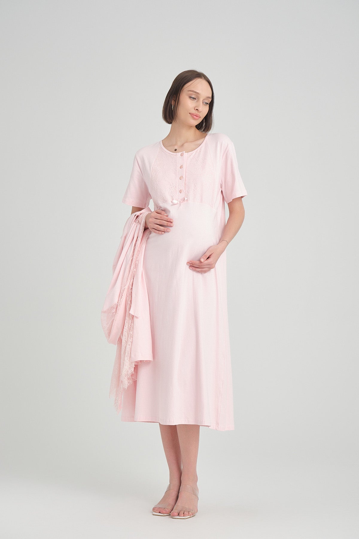 Lace Detailed Maternity & Nursing Nightgown With Robe Pink - 2397