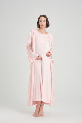 Lace Maternity & Nursing Nightgown With Embroidered Robe Pink - 2402