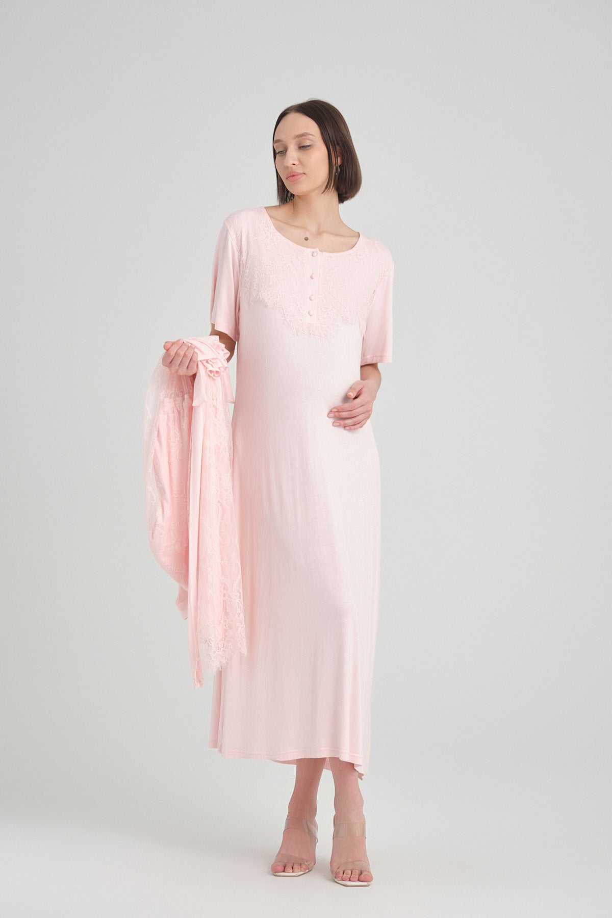 Lace Maternity & Nursing Nightgown With Embroidered Robe Pink - 2402