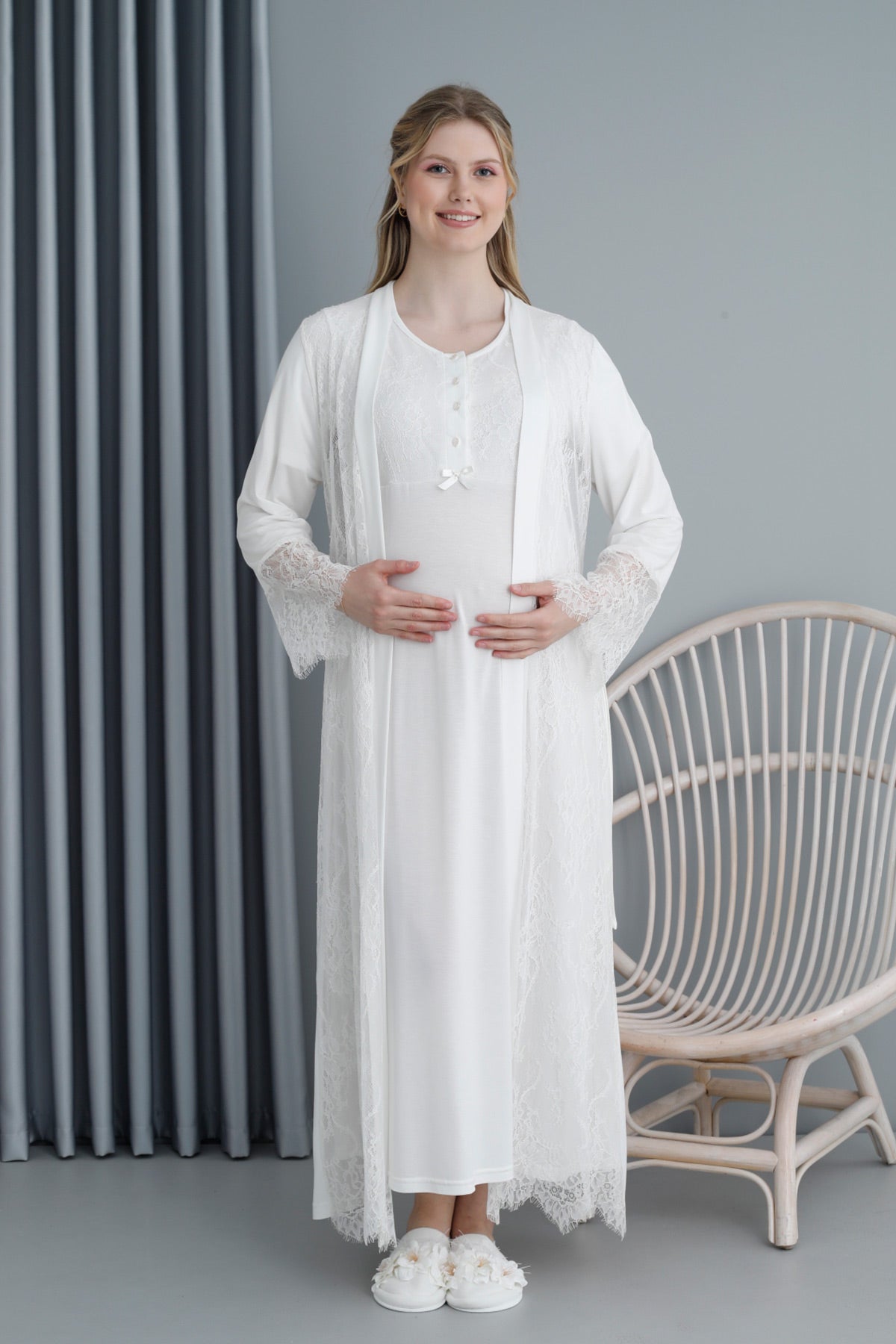Lace Sleeve Maternity & Nursing Nightgown With Robe Ecru - 2405