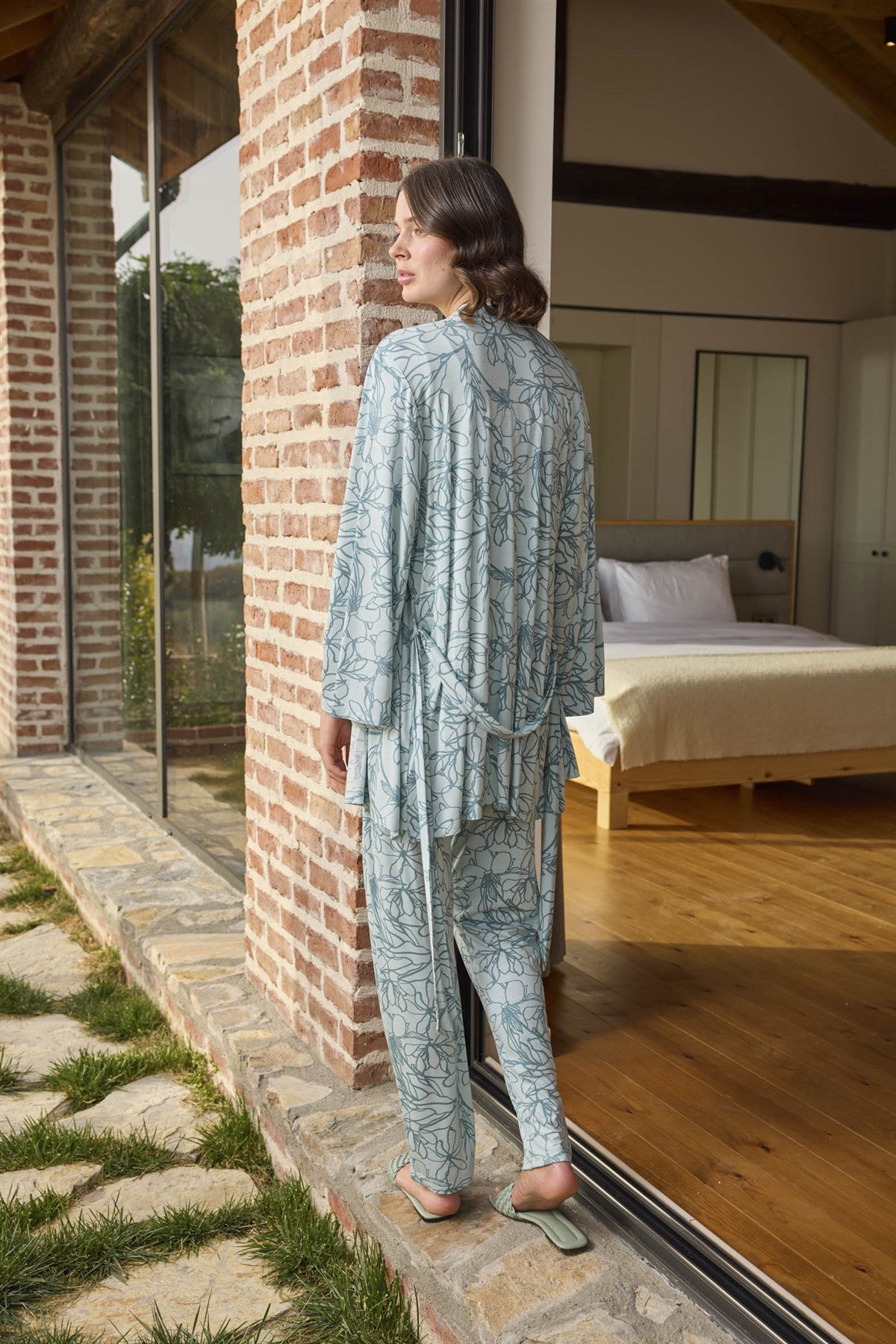 Lace 3-Pieces Maternity & Nursing Pajamas With Patterned Robe Green - 24093