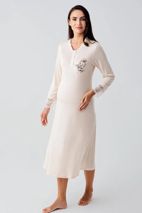 Lace Sleeve Maternity & Nursing Nightgown With Flowery Robe Beige - 24100