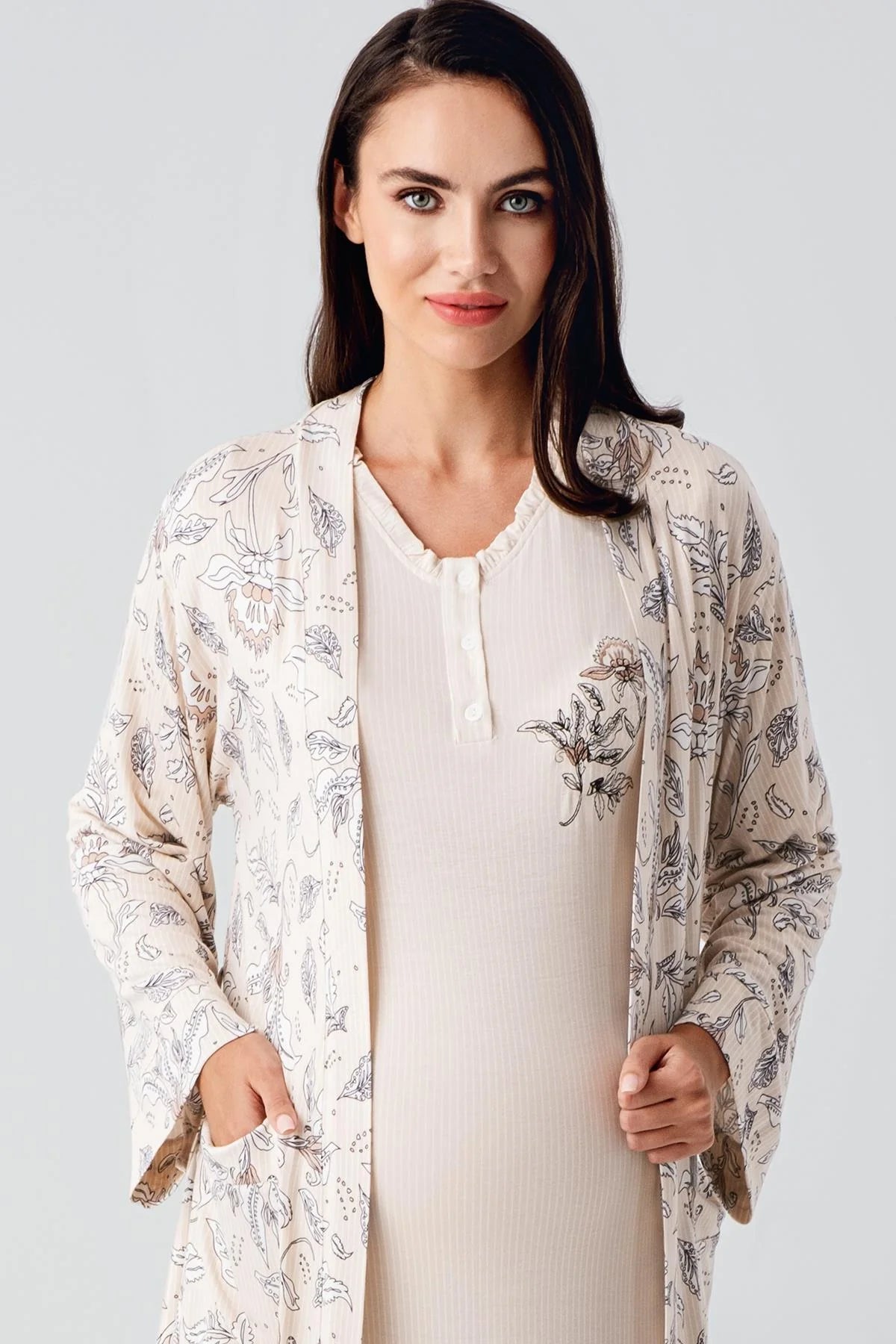 Lace Sleeve Maternity & Nursing Nightgown With Flowery Robe Beige - 24100