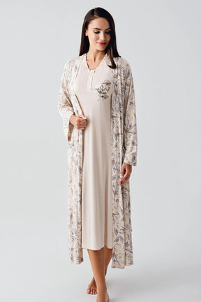 Lace Sleeve Maternity & Nursing Nightgown With Flowery Robe Beige - 24100