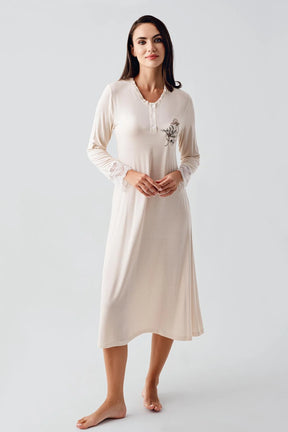 Lace Sleeve Maternity & Nursing Nightgown With Flowery Robe Beige - 24100