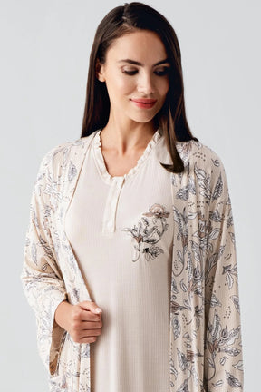 Lace Sleeve Maternity & Nursing Nightgown With Flowery Robe Beige - 24100