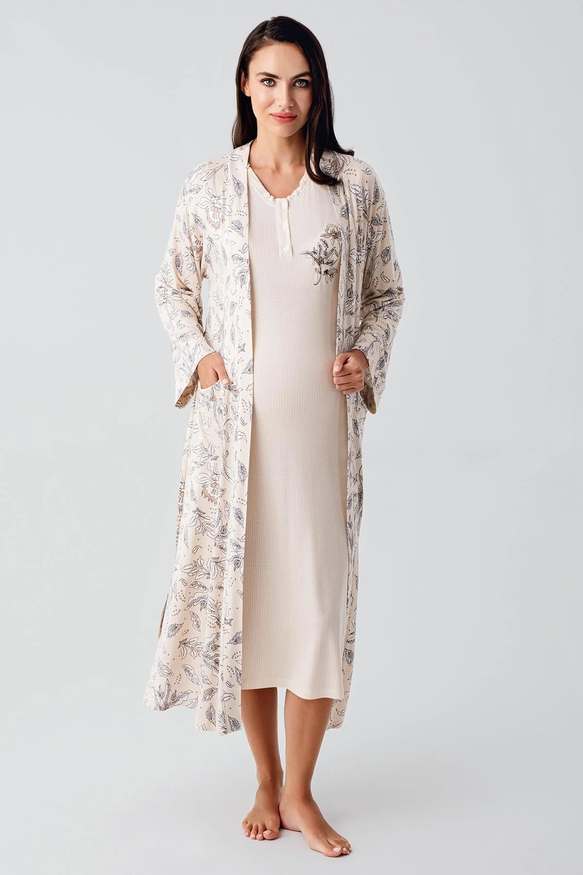 Lace Sleeve Maternity & Nursing Nightgown With Flowery Robe Beige - 24100