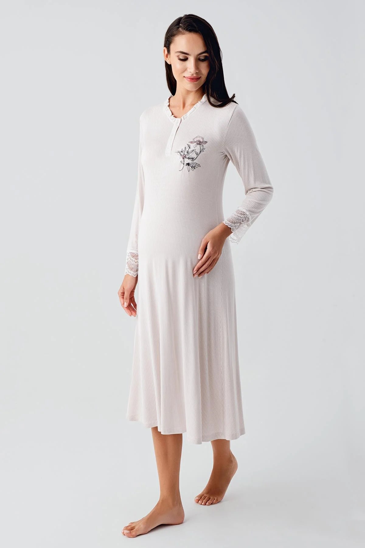 Lace Sleeve Maternity & Nursing Nightgown With Flowery Robe Powder - 24100