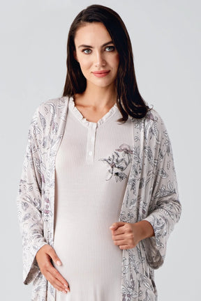 Lace Sleeve Maternity & Nursing Nightgown With Flowery Robe Powder - 24100