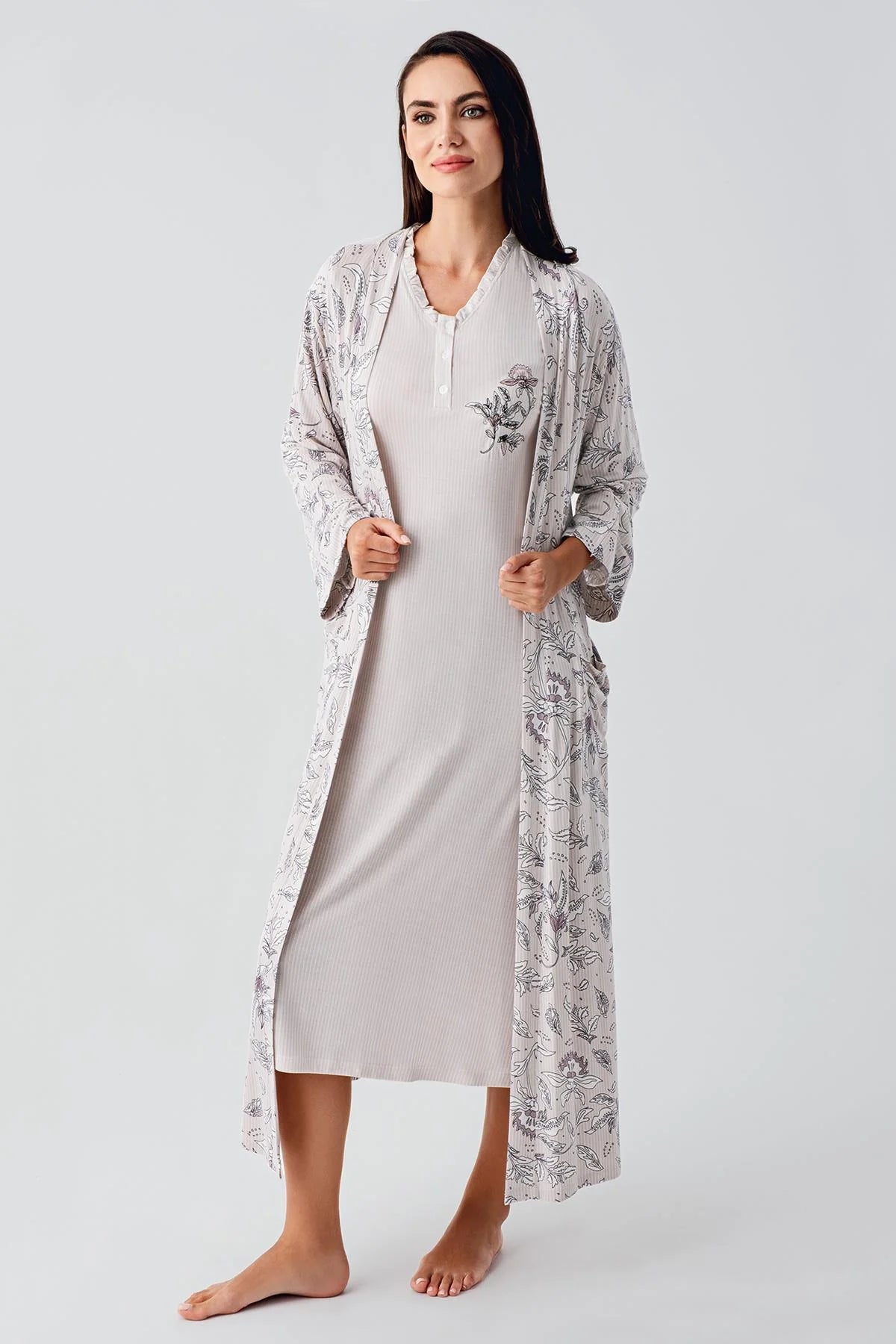 Lace Sleeve Maternity & Nursing Nightgown With Flowery Robe Powder - 24100