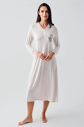 Lace Sleeve Maternity & Nursing Nightgown With Flowery Robe Powder - 24100