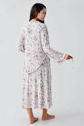 Lace Sleeve Maternity & Nursing Nightgown With Flowery Robe Powder - 24100