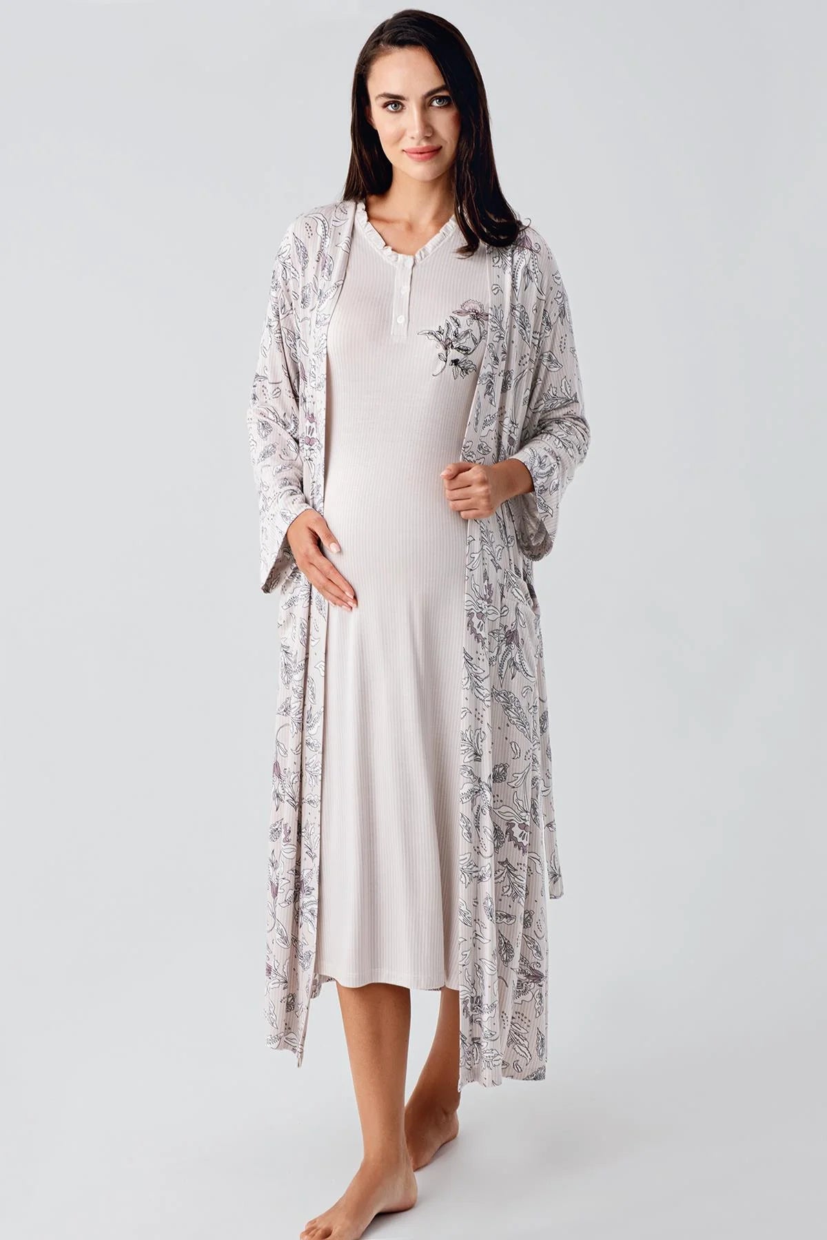 Lace Sleeve Maternity & Nursing Nightgown With Flowery Robe Powder - 24100