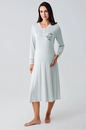 Lace Sleeve Maternity & Nursing Nightgown With Flowery Robe Green - 24100