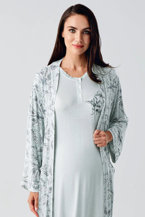 Lace Sleeve Maternity & Nursing Nightgown With Flowery Robe Green - 24100