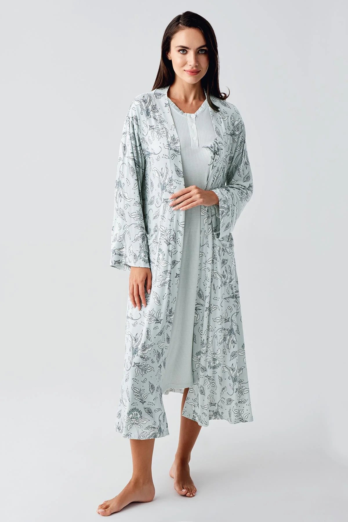 Lace Sleeve Maternity & Nursing Nightgown With Flowery Robe Green - 24100