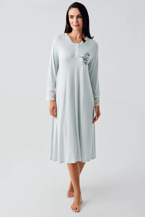 Lace Sleeve Maternity & Nursing Nightgown With Flowery Robe Green - 24100