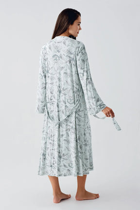 Lace Sleeve Maternity & Nursing Nightgown With Flowery Robe Green - 24100